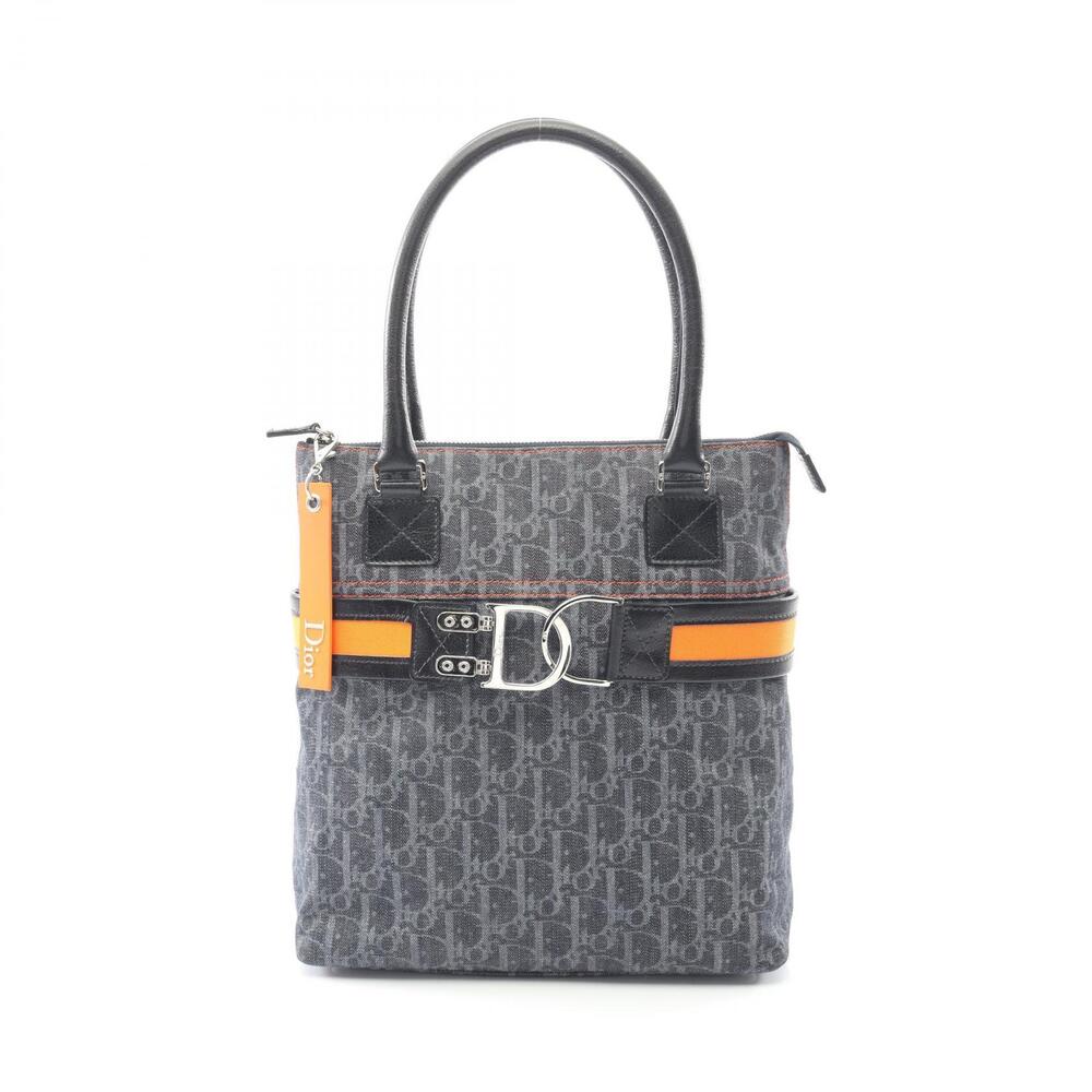Christian Dior Flight Trotter Tote Bag Denim Leather Navy Blue Black Orange